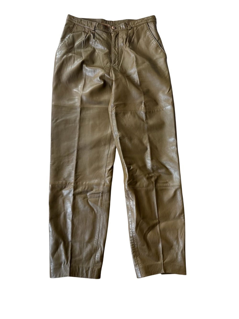Vintage Saxony Olive Green 100% Leather Pants Straight Leg Size 34